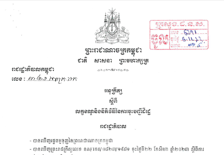 អនុក្រឹត្យលេខ ៣២១ អនក្រ.បក ចុះថ្ងៃទី២ ខែវិច្ឆិកា ឆ្នាំ២០២៣ ស្ដីពីលក្ខខណ្ឌនិងនីតិវិធីនៃការចុះបញ្ជីដីរដ្ឋ